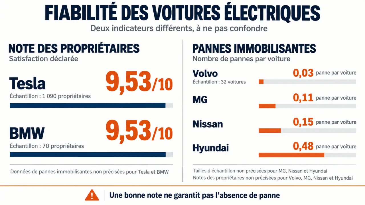 Infographie sur quelle est la voiture electrique la plus fiable, avec comparaison des notes propriétaires et des pannes immobilisantes