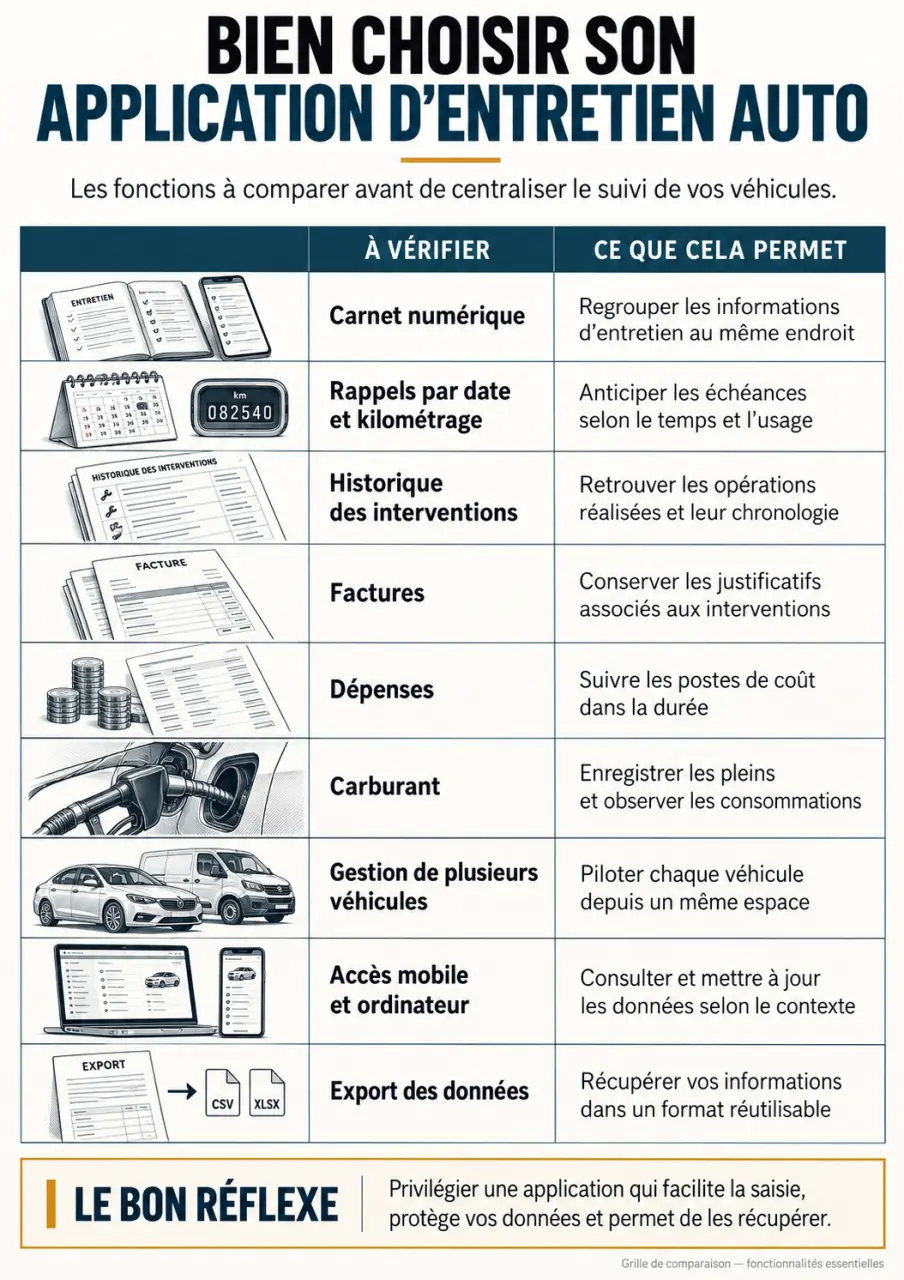 Application entretien voiture : critères pour comparer les fonctionnalités et les accès