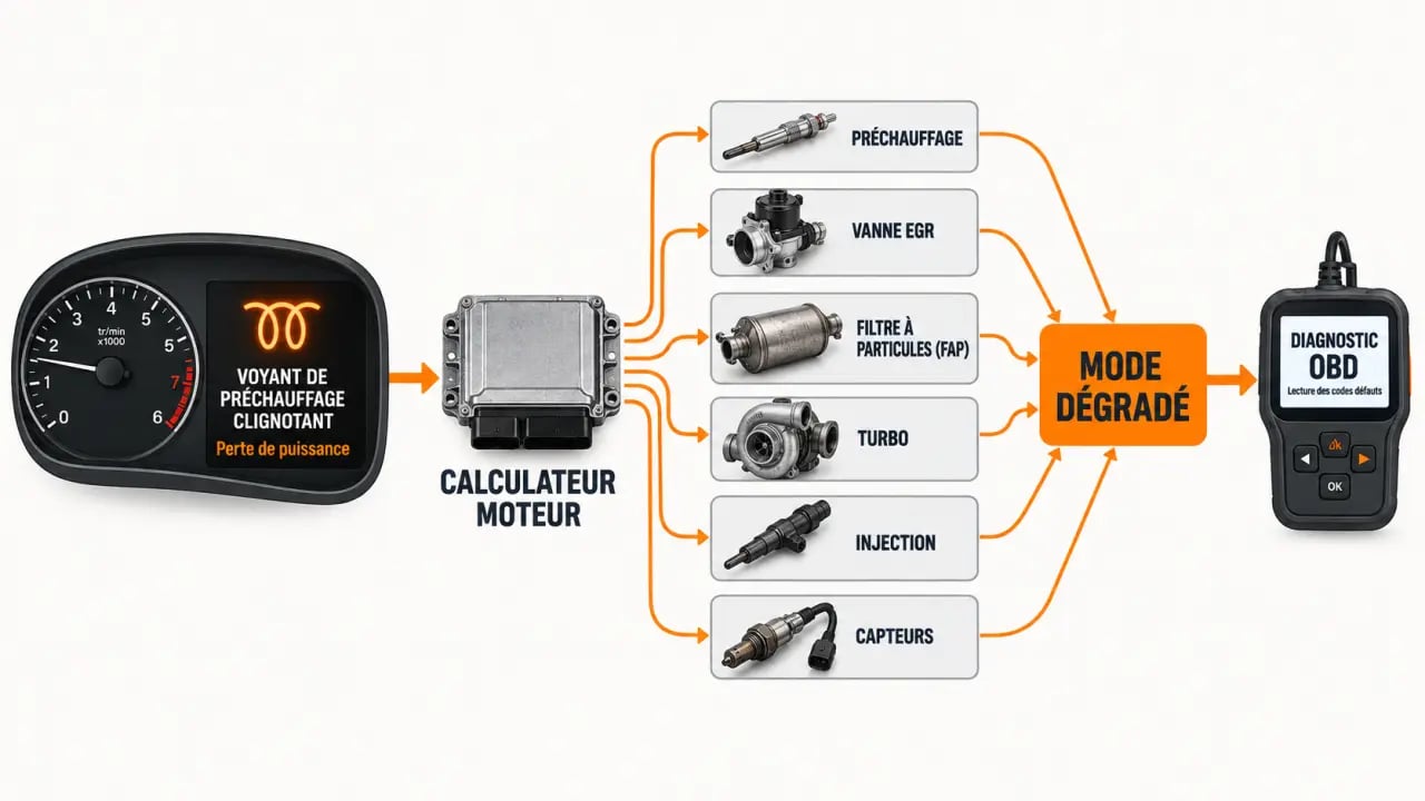 Schéma du voyant de préchauffage diesel clignotant avec perte de puissance et du diagnostic EGR FAP turbo
