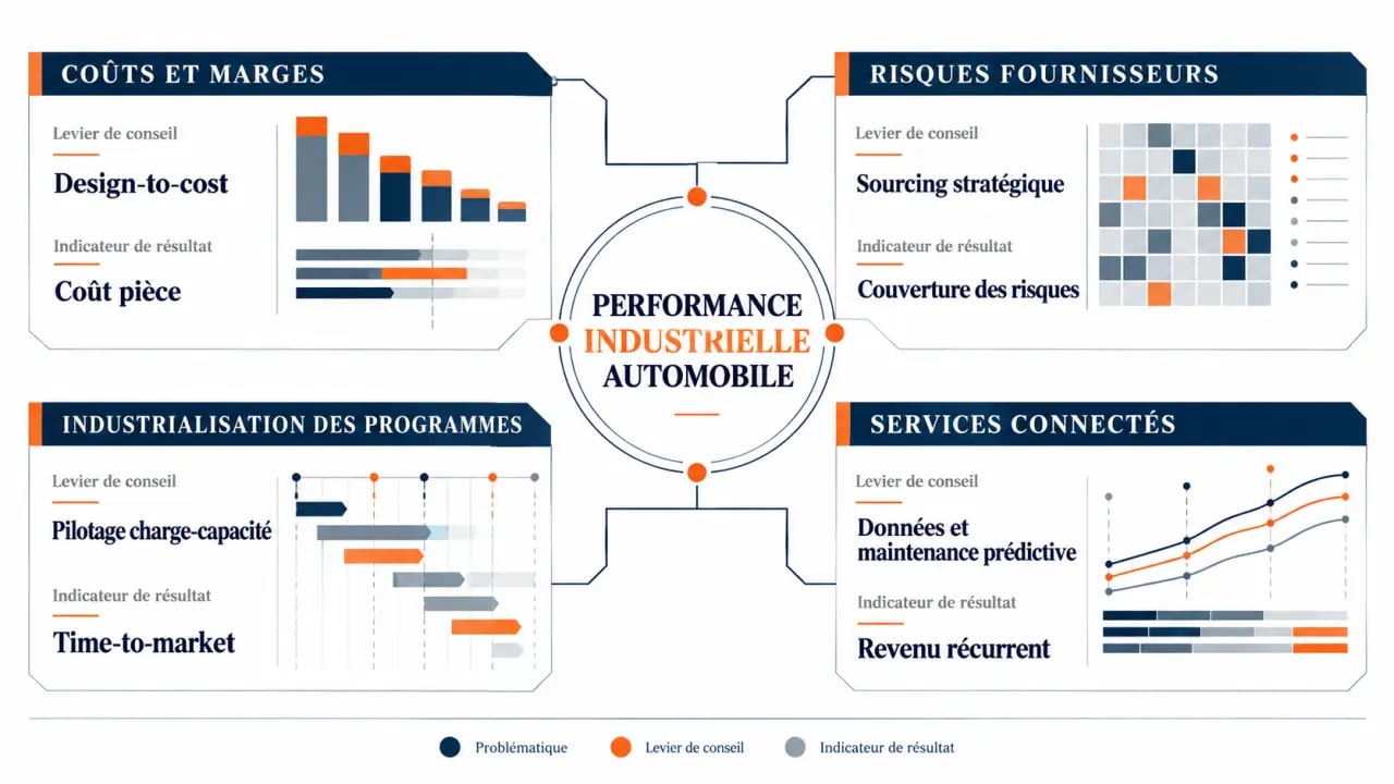 Infographie sur les expertises d’un cabinet de conseil automobile et leurs indicateurs de performance