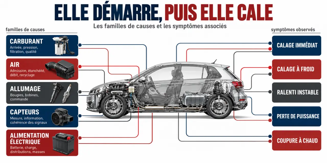 Schéma des causes possibles d’une voiture qui démarre et cale