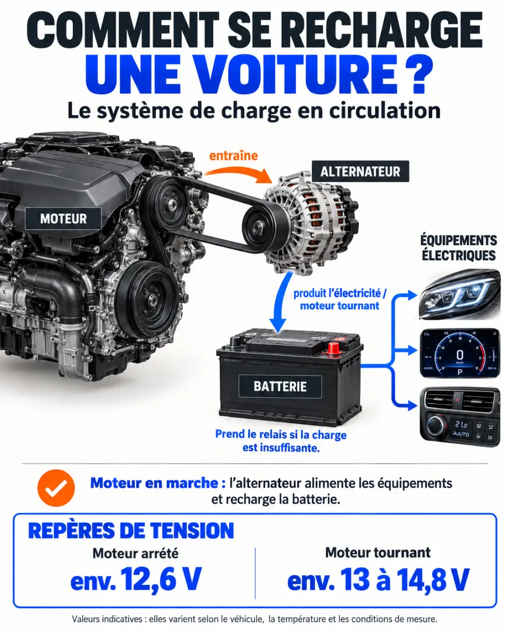 Infographie des symptômes d’un alternateur HS et des mesures de tension du système de charge automobile