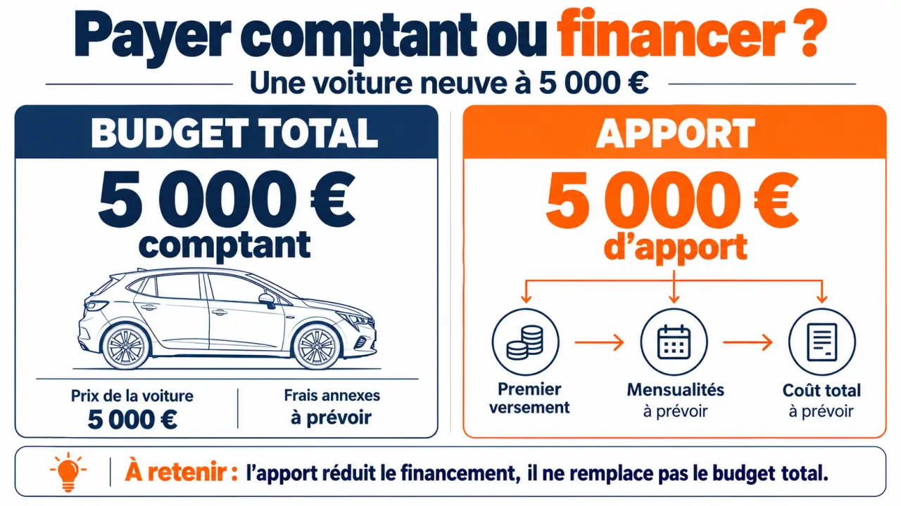 Infographie sur une voiture neuve 5000 euros : différence entre budget total, apport, mensualités et coût global