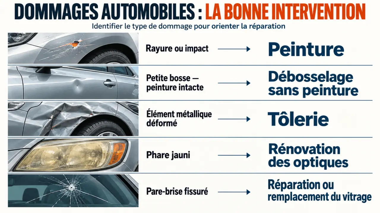 Infographie sur la carrosserie de l auto présentant les réparations adaptées aux rayures, bosses, optiques et vitrages