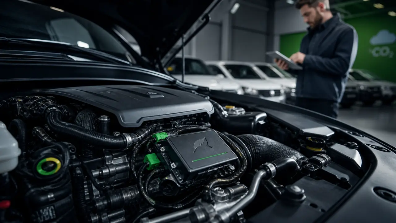 Moteur moderne éclairé par une lumière verte évoquant une technologie écologique