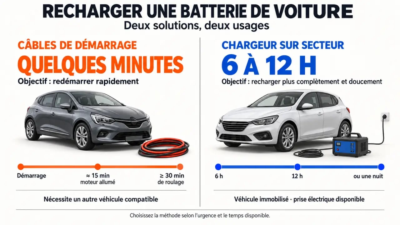 Charger batterie de voiture : comparaison entre câbles de démarrage et chargeur secteur