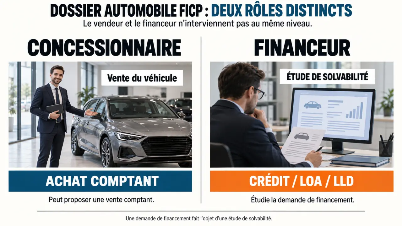 Infographie expliquant le rôle du concessionnaire qui accepte les FICP et celui du financeur