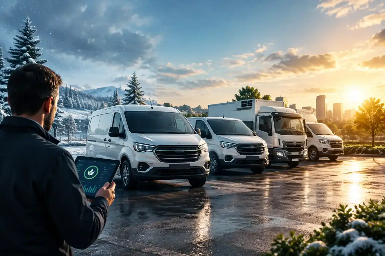 Véhicules d'entreprise dans un environnement moderne illustrant le rétrofit automobile