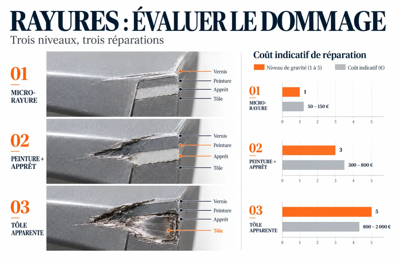 Voiture rayée assurance : schéma des niveaux de profondeur d'une rayure sur la carrosserie