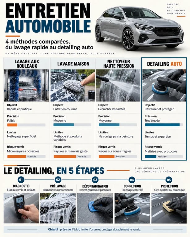 Auto detailing detailing : comparaison des méthodes de lavage et étapes de rénovation automobile